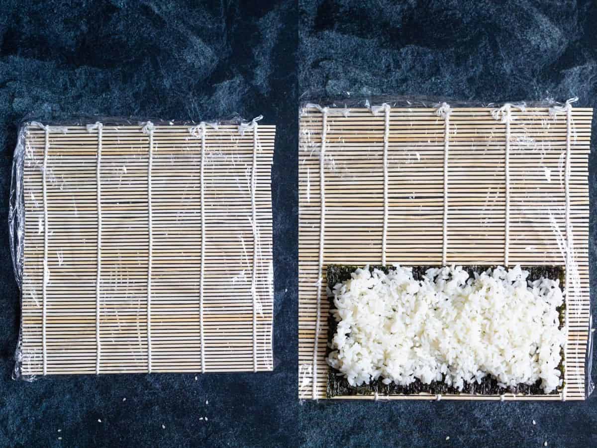 The beginning of making a rainbow roll begins with these two steps - adding a seawood sheet to the mat and placing your rice on top. 