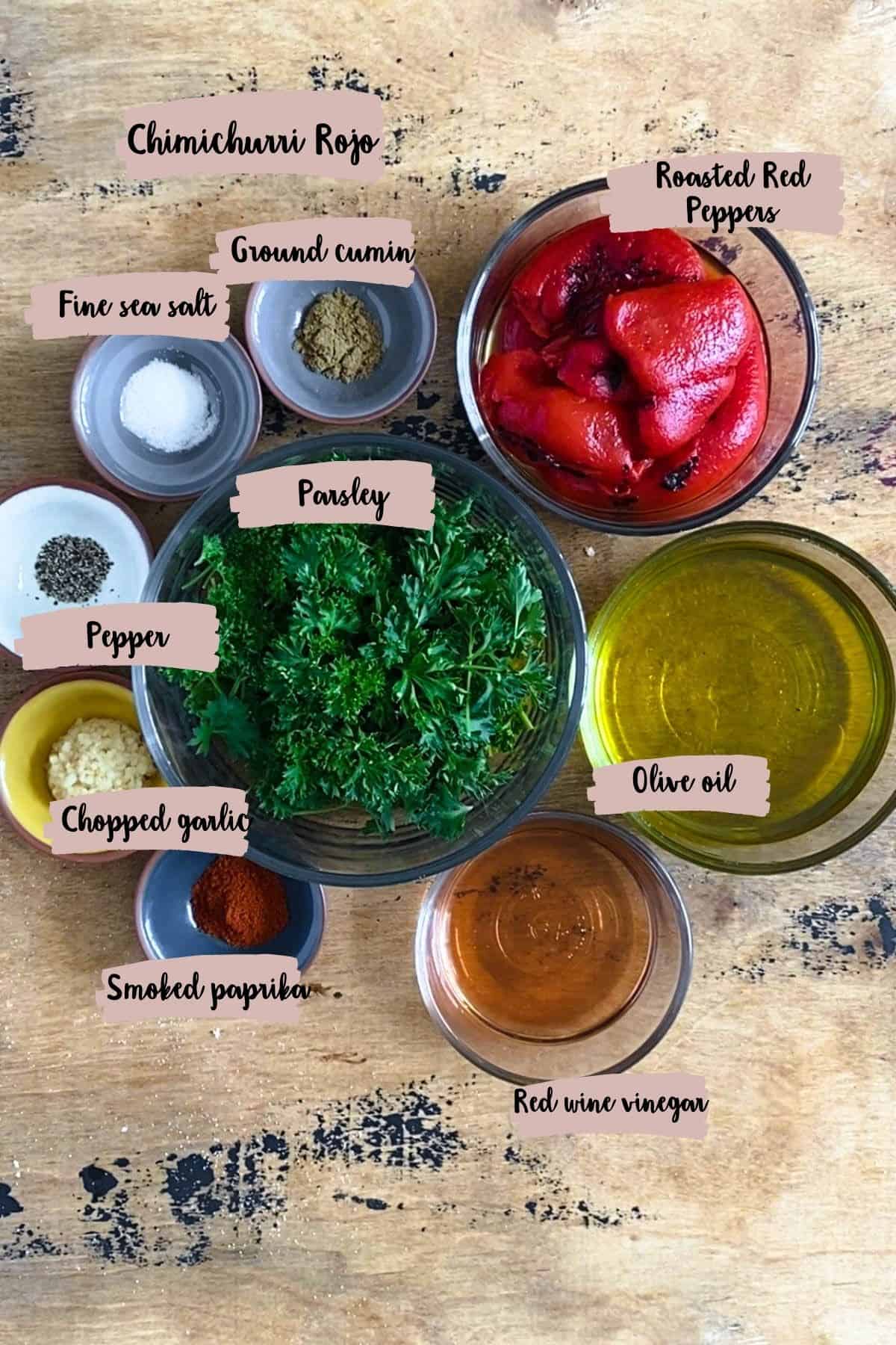 Labeled ingredient shot with measured ingredients for red chimichurri. 
