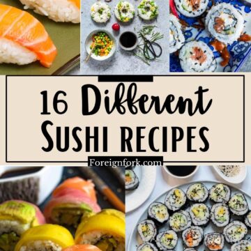 Pinterest graphic for 16 Different Sushi Rolls with different photos of sushi.
