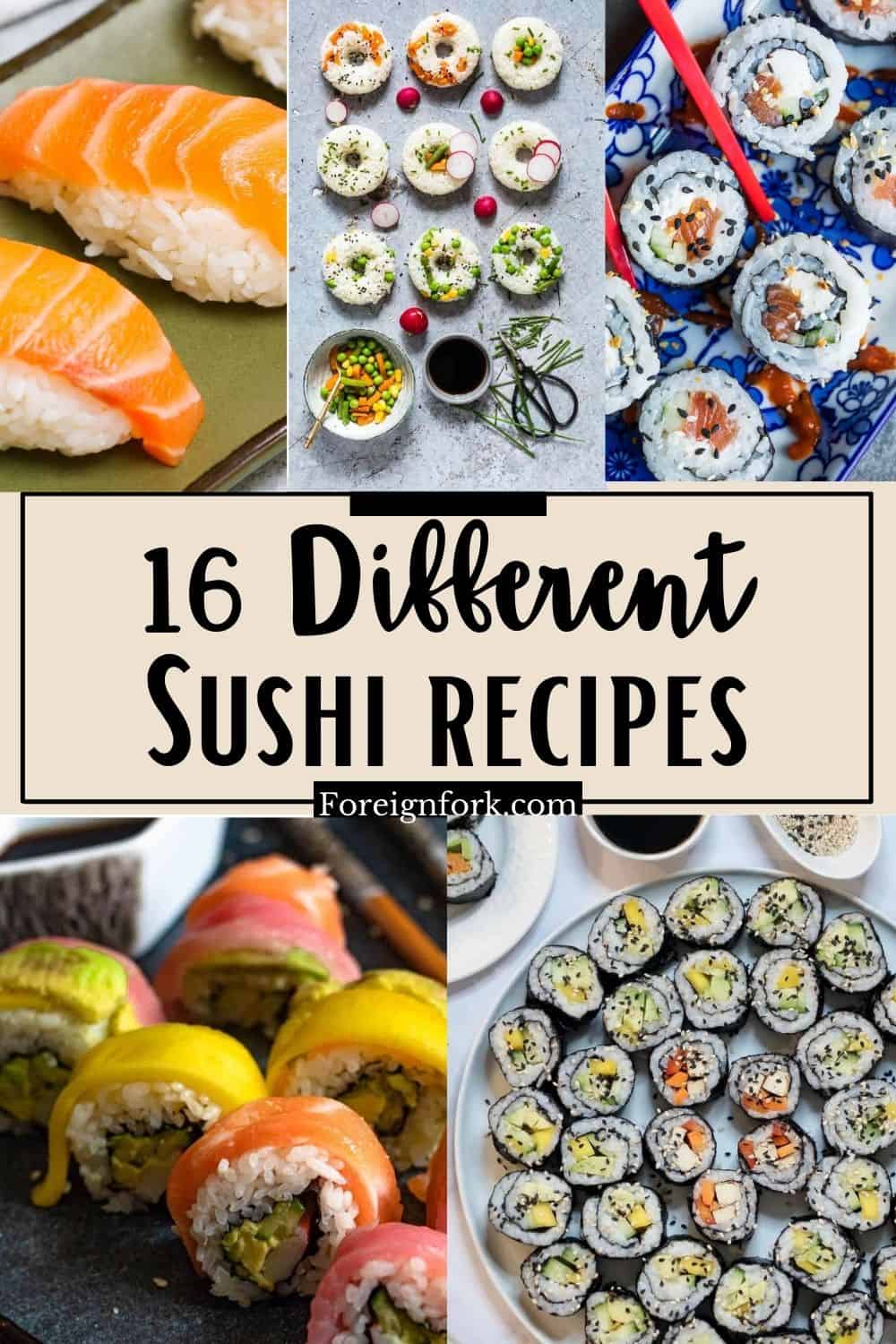 Pinterest graphic for 16 different sushi recipes. 