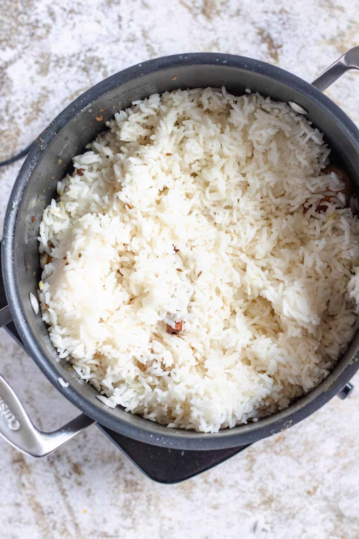 Cooked basmati rice added to the eggs and seasonings. 