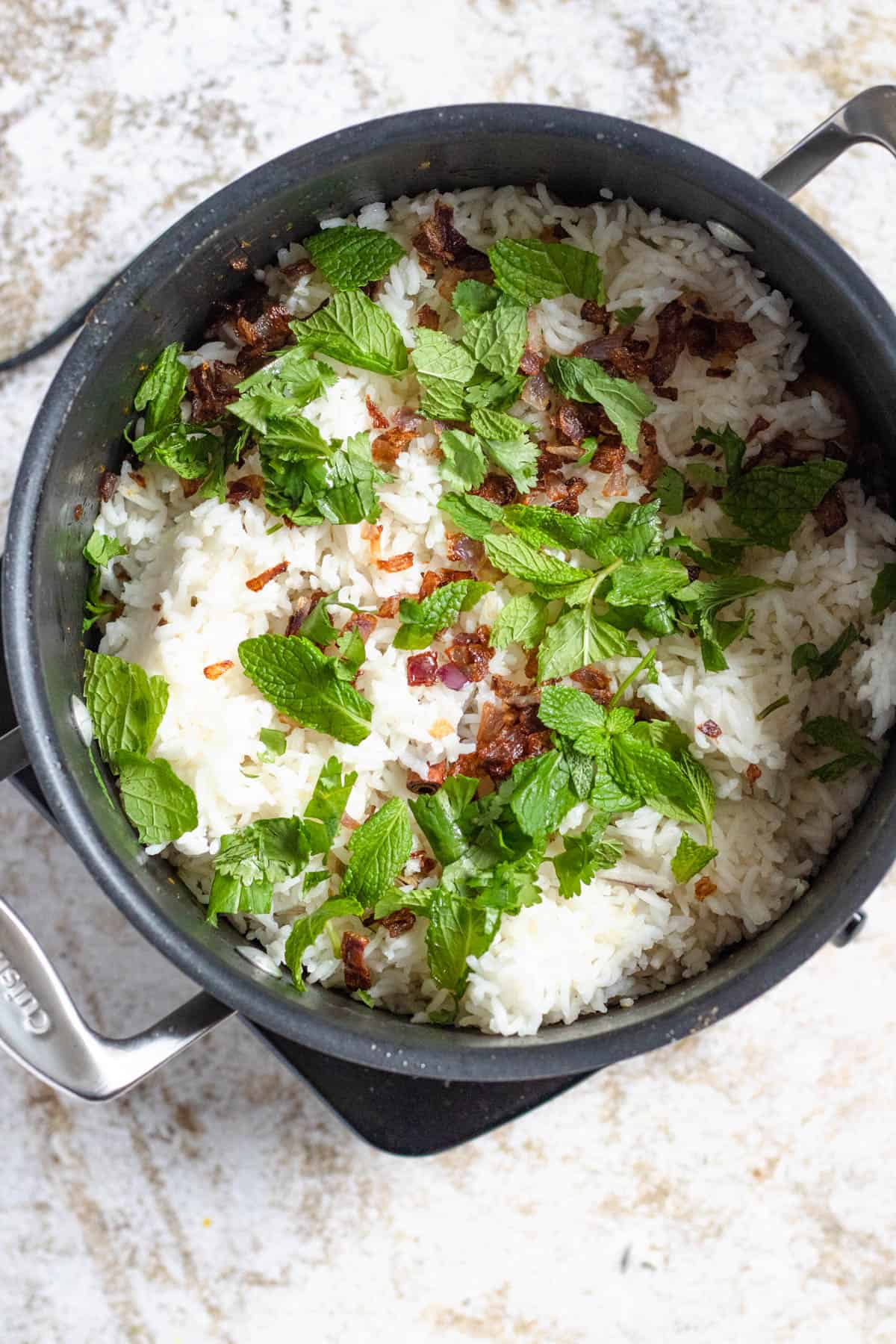 Fresh mint and onions topping the cooked basmati rice. 
