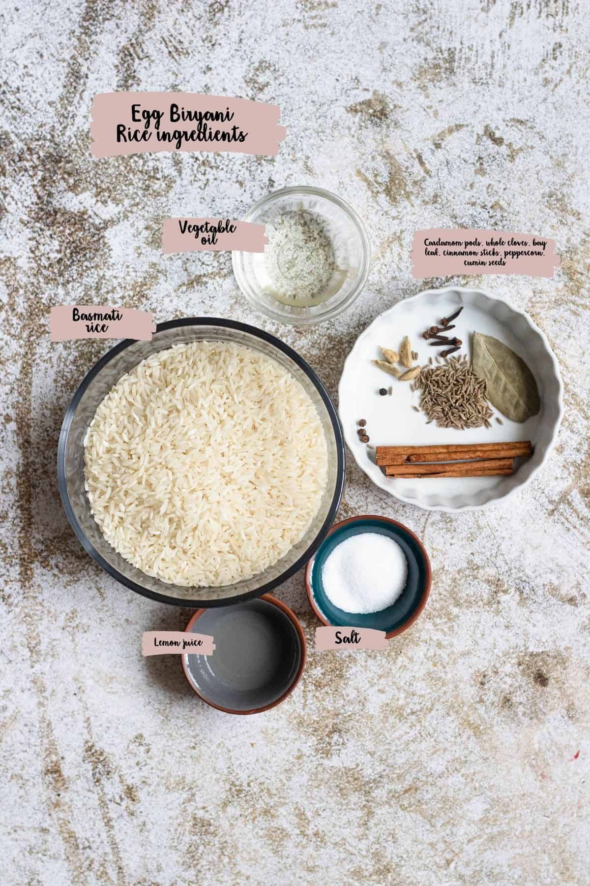 Ingredients needed for the rice portion of egg biryani. 
