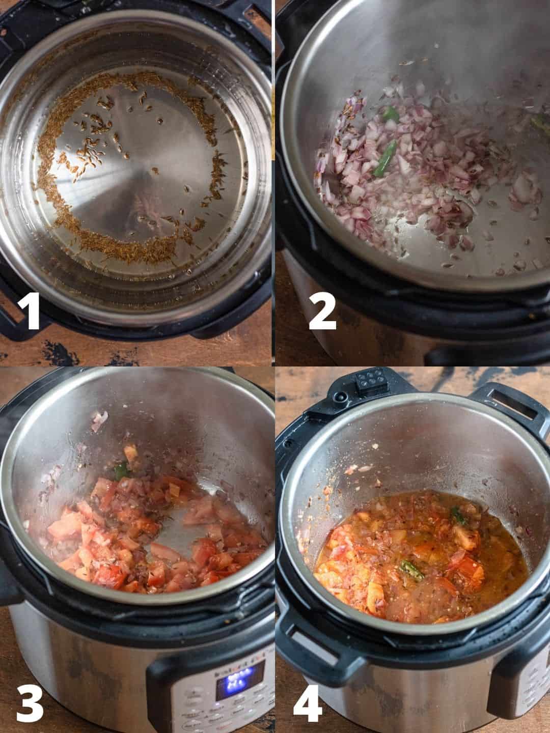 Series of 4 photos in a collage to show how to begin preparing Palak Paneer in the Instant Pot. 