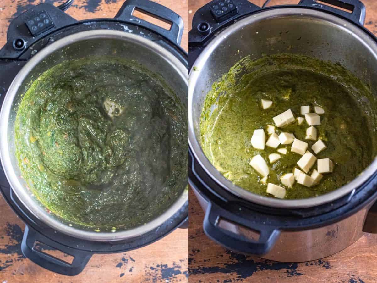 Two photos showing how the pureed spinach mixture looks after blending it with the seasonings and the second photo shows adding Paneer into the pot. 