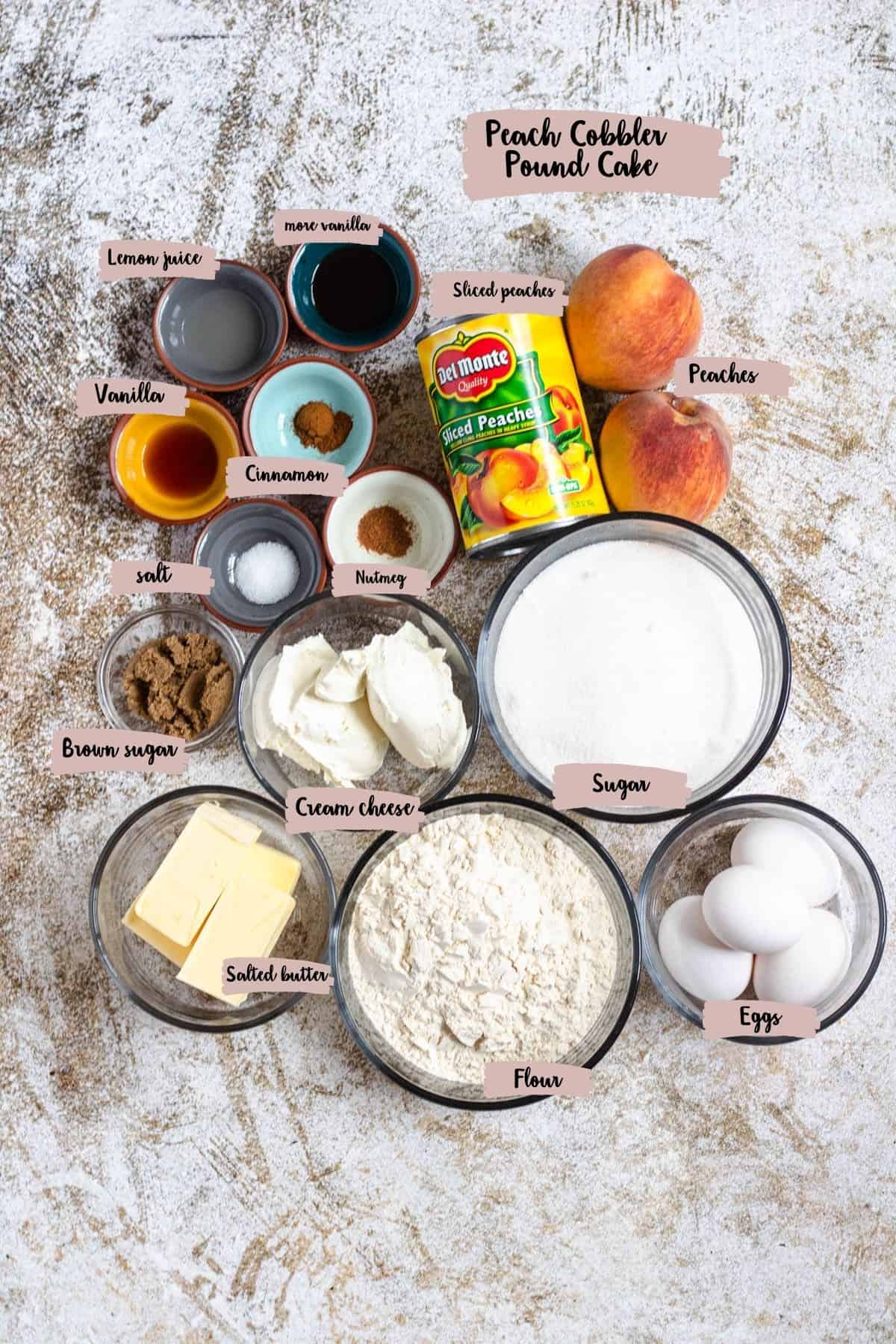 Measured ingredients to make peach cobbler pound cake. 