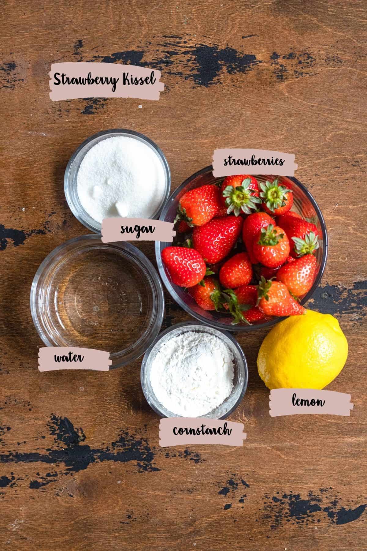 Measured ingredients to make strawberry kissel. 