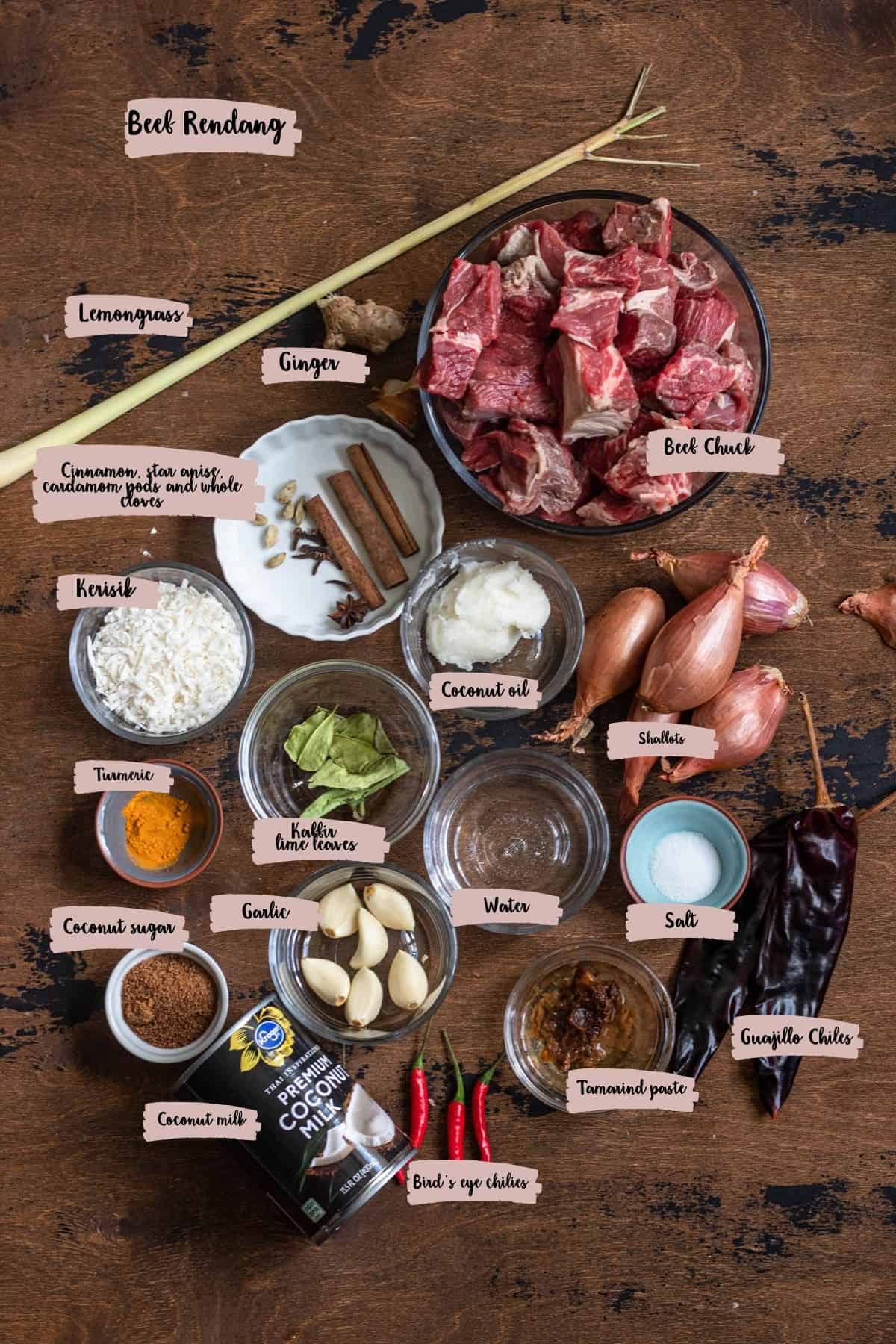 Measured ingredients to make beef rendang. 