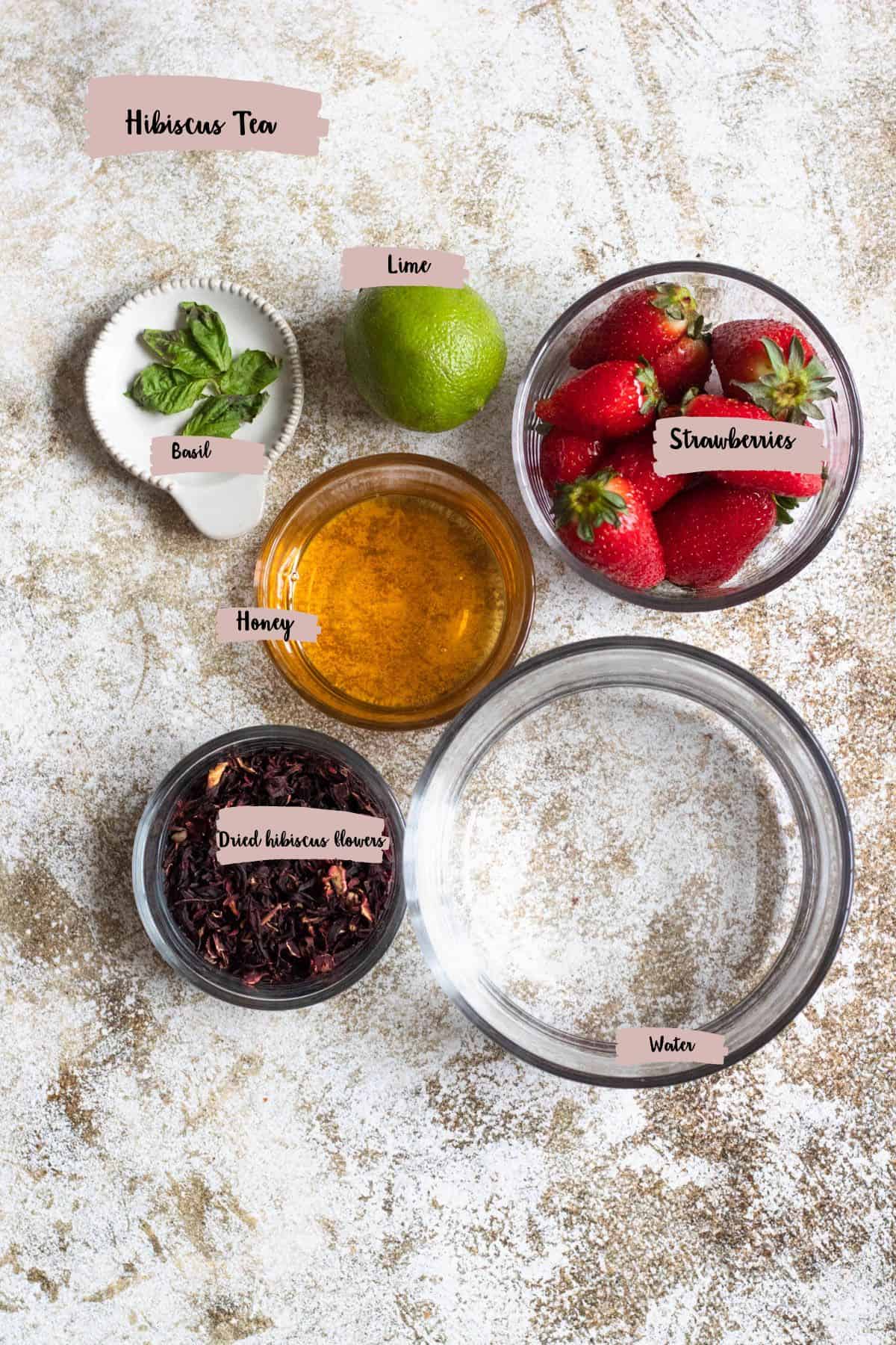 Ingredients shown to make Hibiscus tea. 