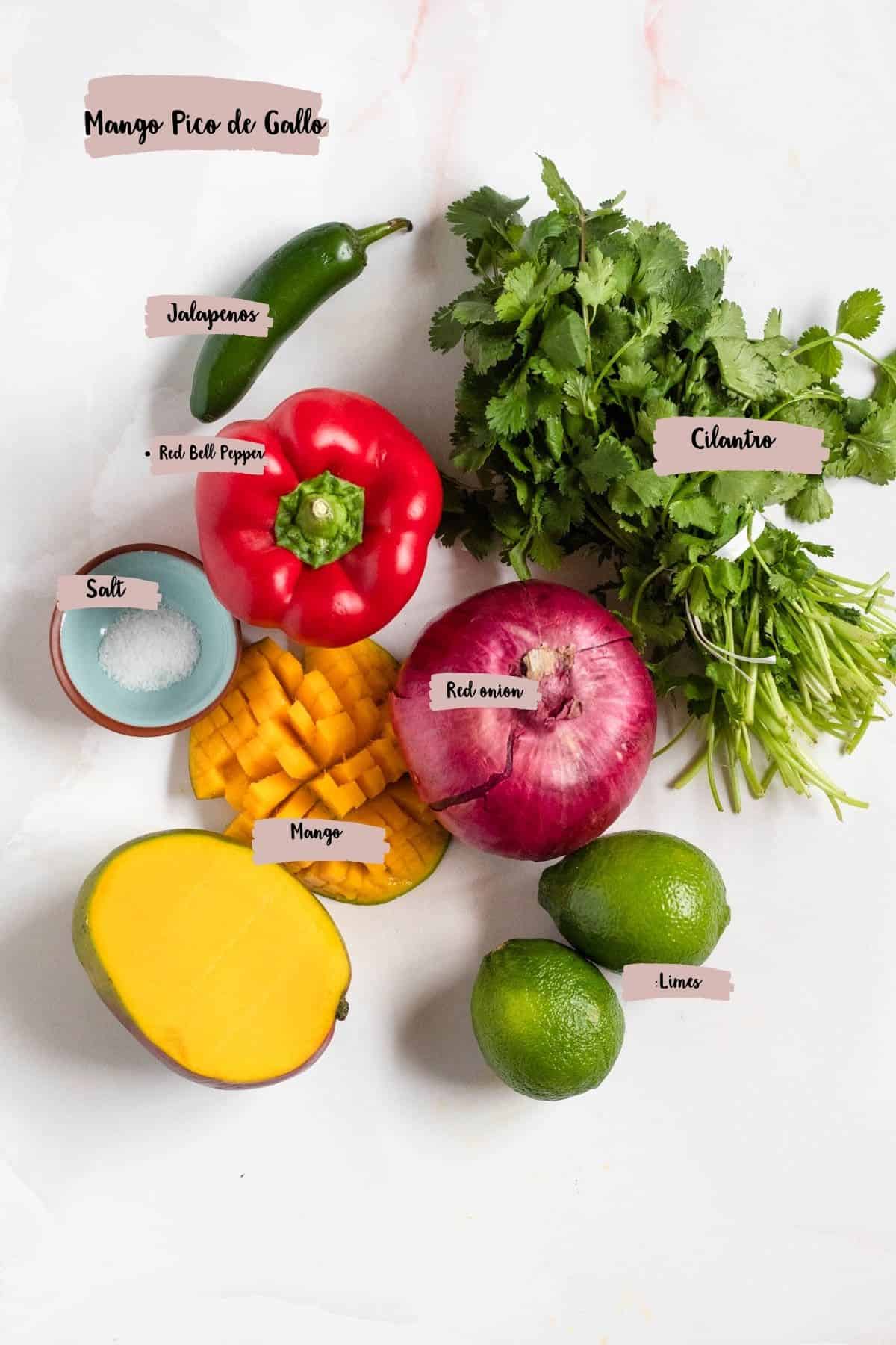 Ingredients needed to make mango pico de gallo. 
