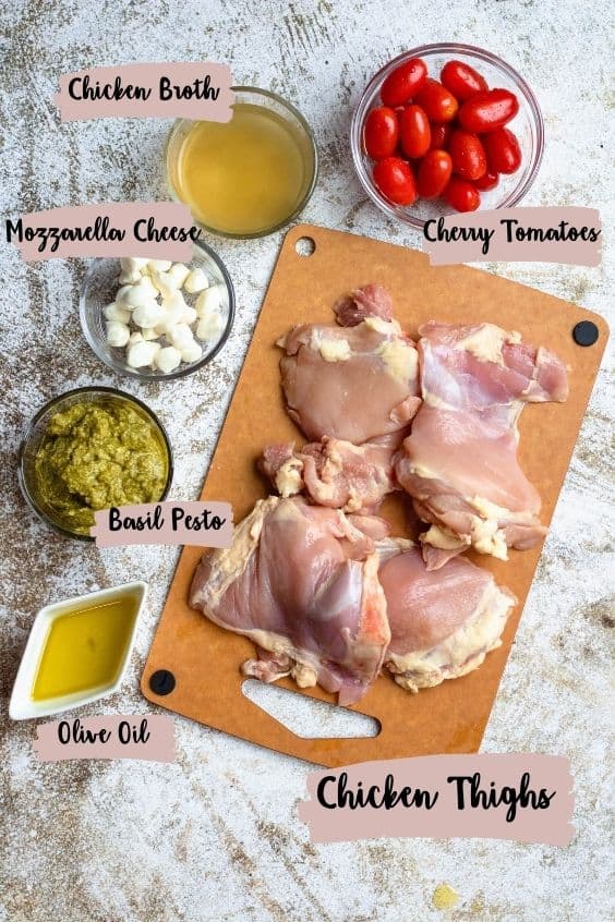 Ingredients shown that are needed for instant pot pesto chicken. 