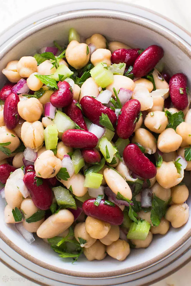 Close up of three bean salad in a bowl. 