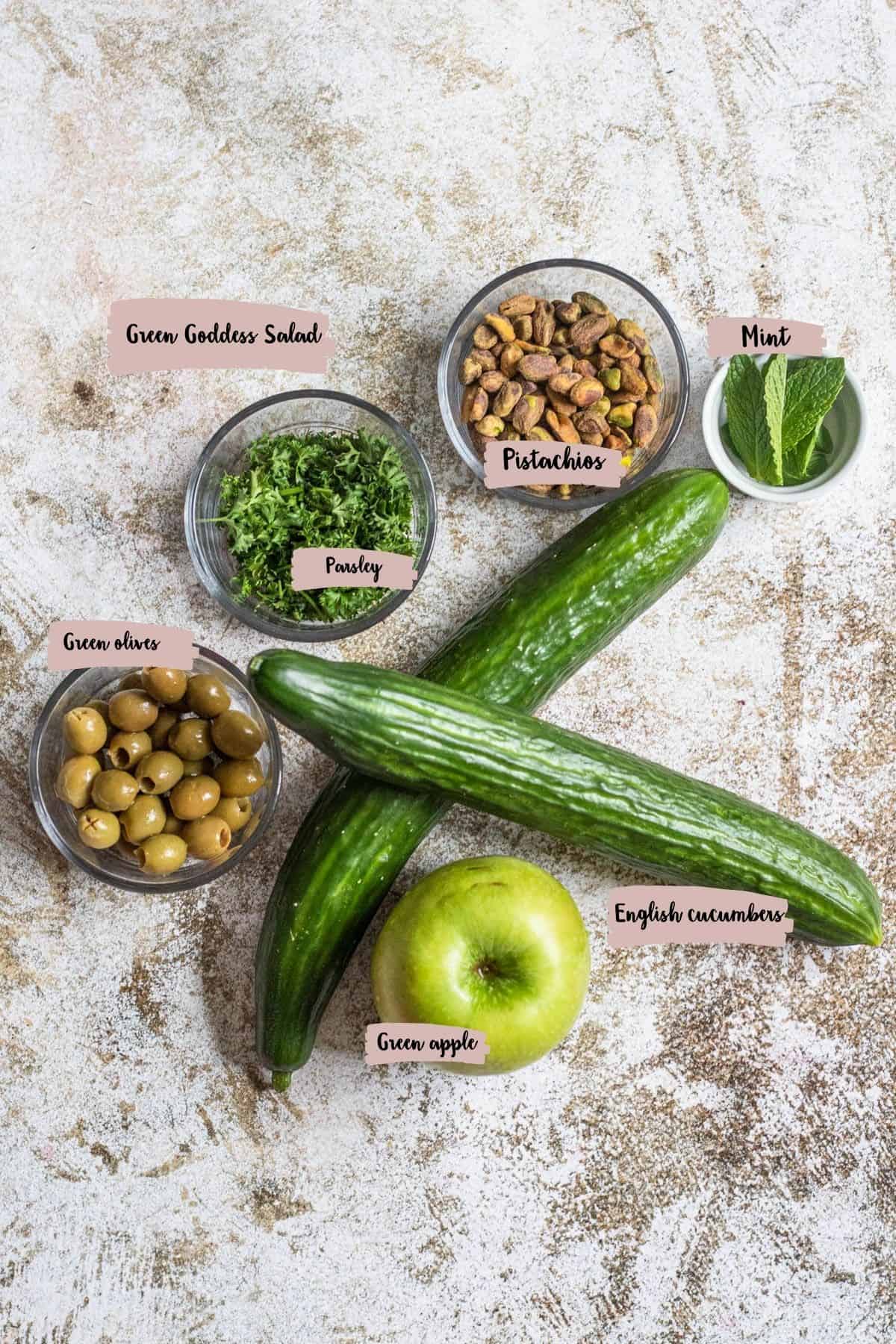 Ingredients needed to make a green goddess salad. 