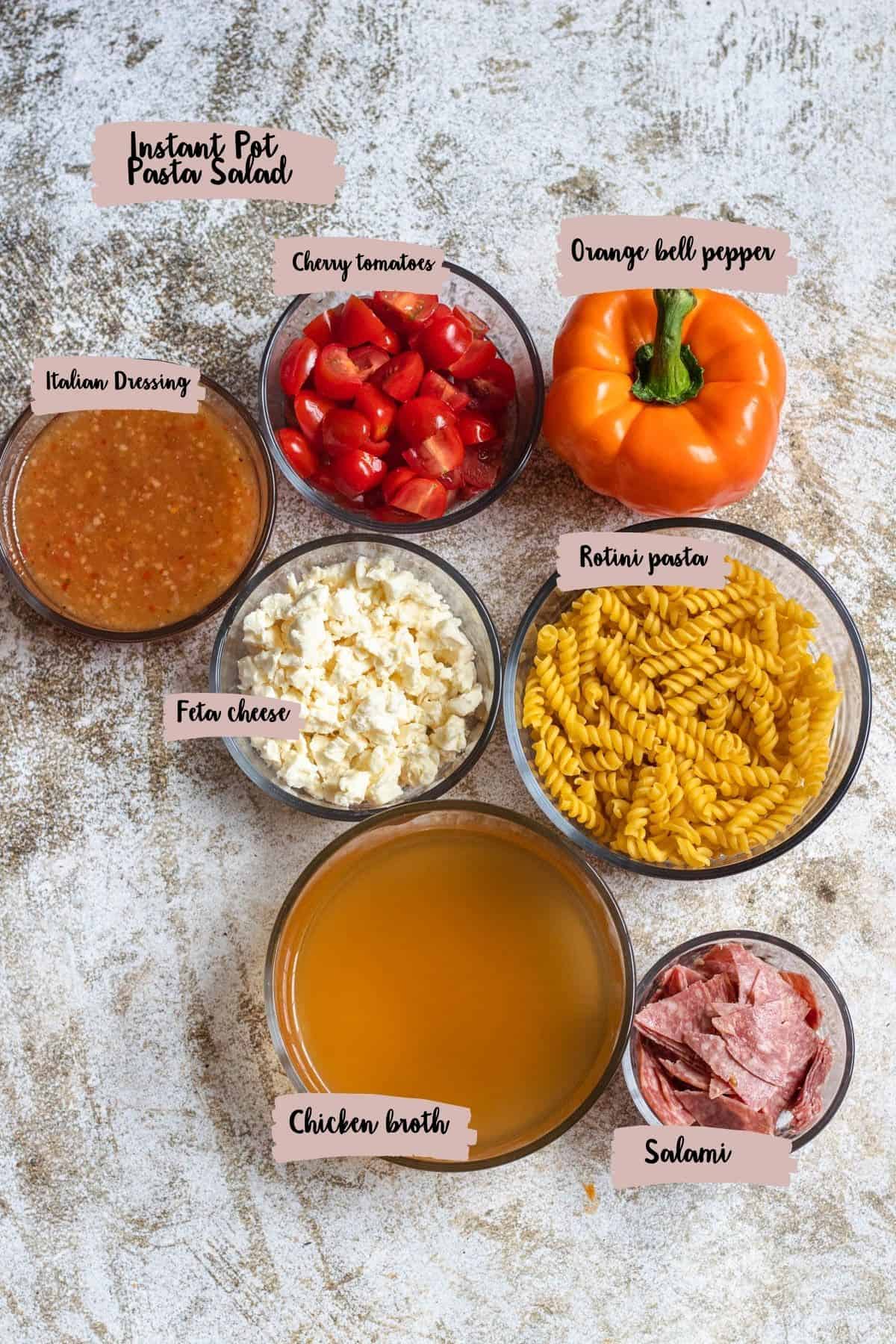 Measured ingredients to prepare Instant Pot Pasta Salad.