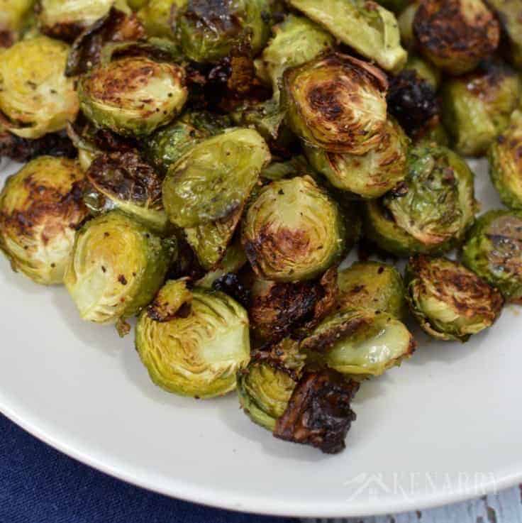 Plate of roasted brussels sprouts. 