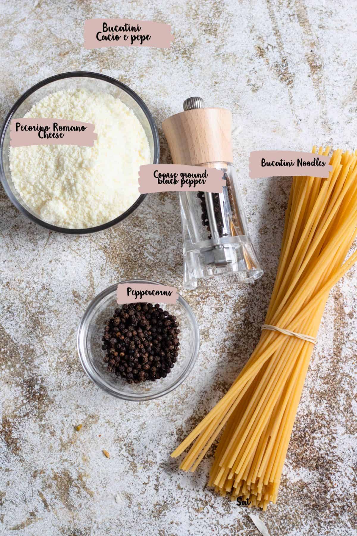 Ingredients shown are used to make bucatini cacio e pepe.