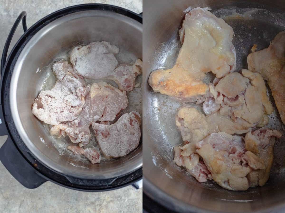 Two photos showing boneless chicken thighs being sauted in the Instant Pot and browned on both sides. 