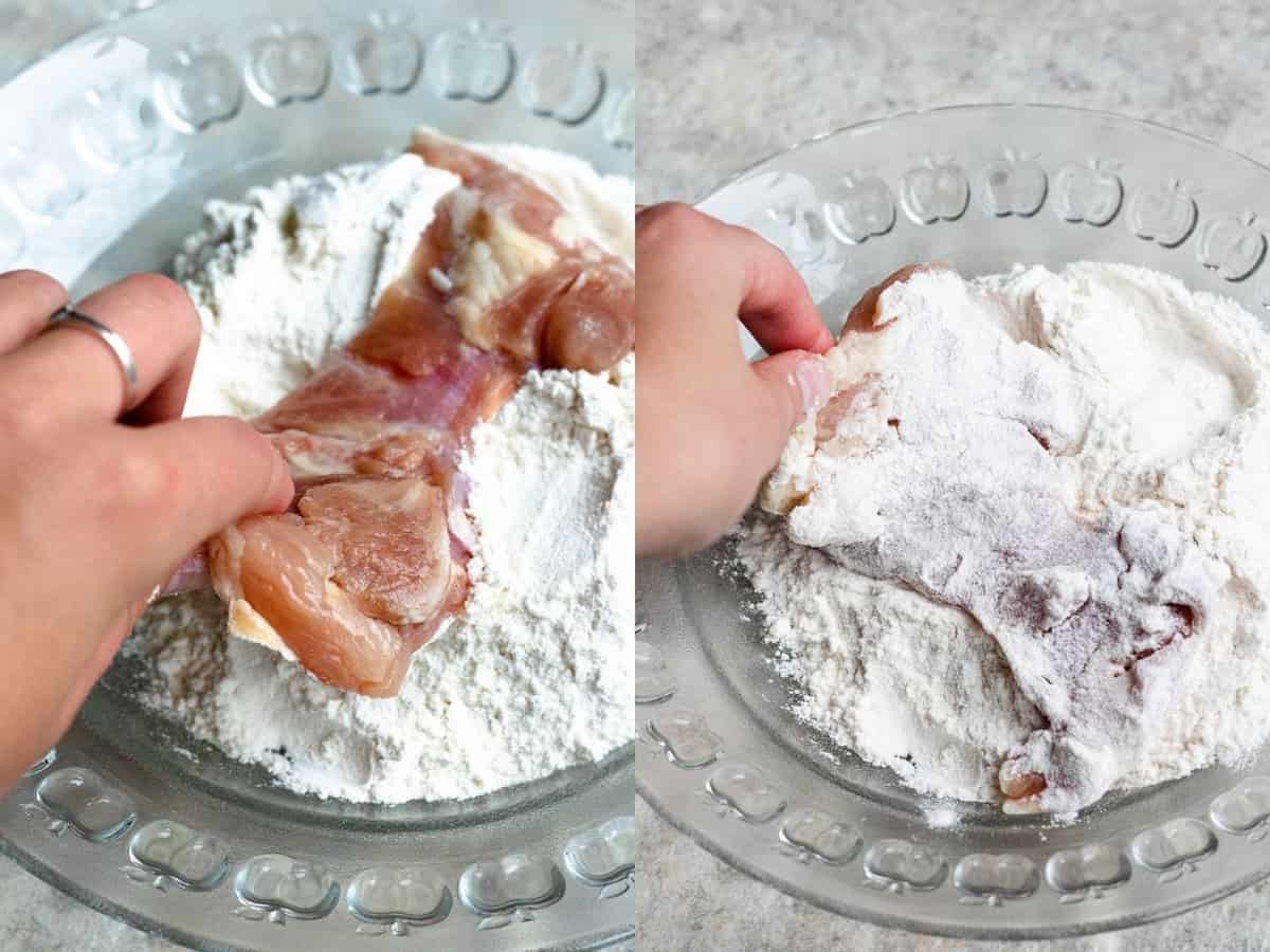 Two photos showing boneless chicken thighs being dredged in flour before being cooked. 