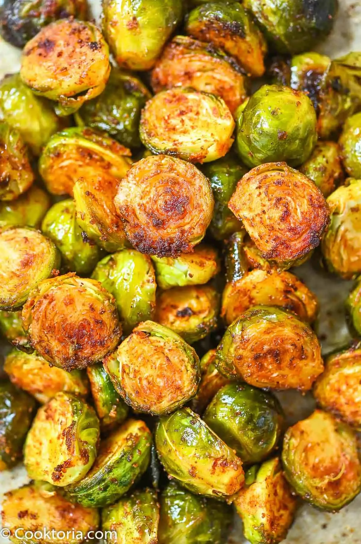 Close up of garlic roasted brussels sprouts. 