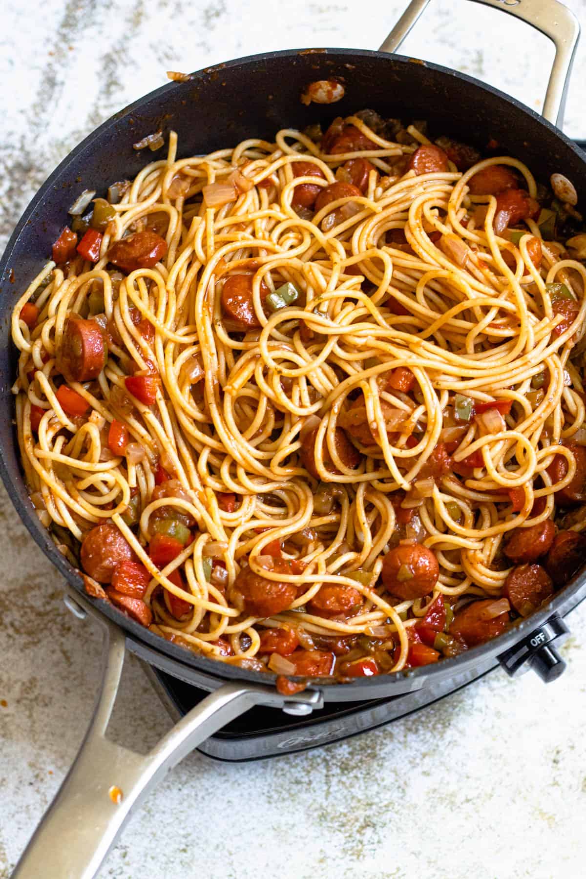 Spaghetti noodles combined into the Haitian Spaghetti sauce.