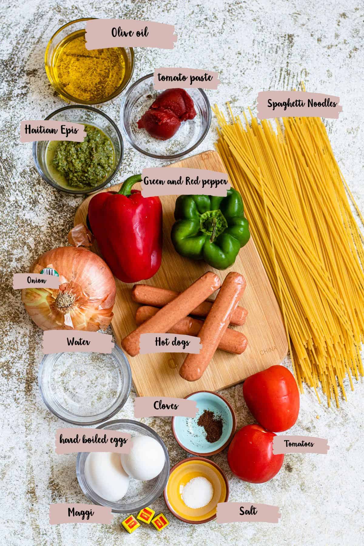 Ingredients needed to make Haitian Spaghetti. 