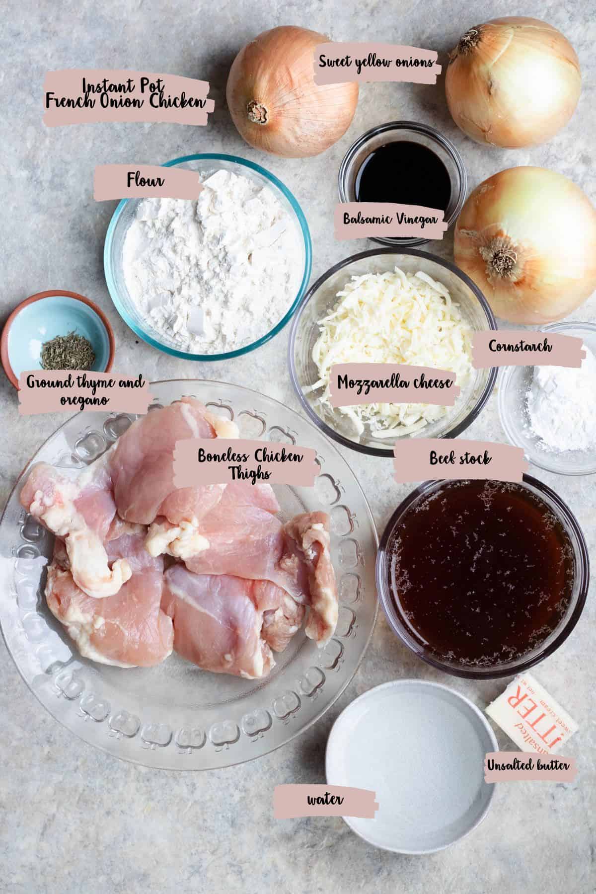 Ingredients needed to make Instant Pot French Onion Chicken. 