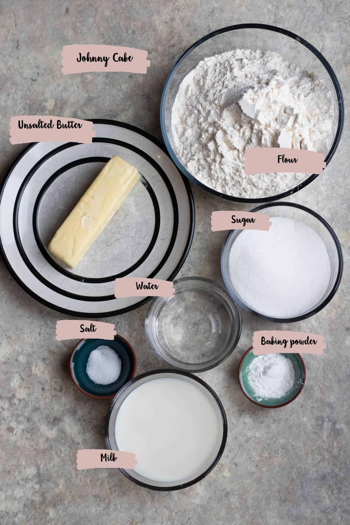 Ingredients shown are used to prepare Johnny Cake. 