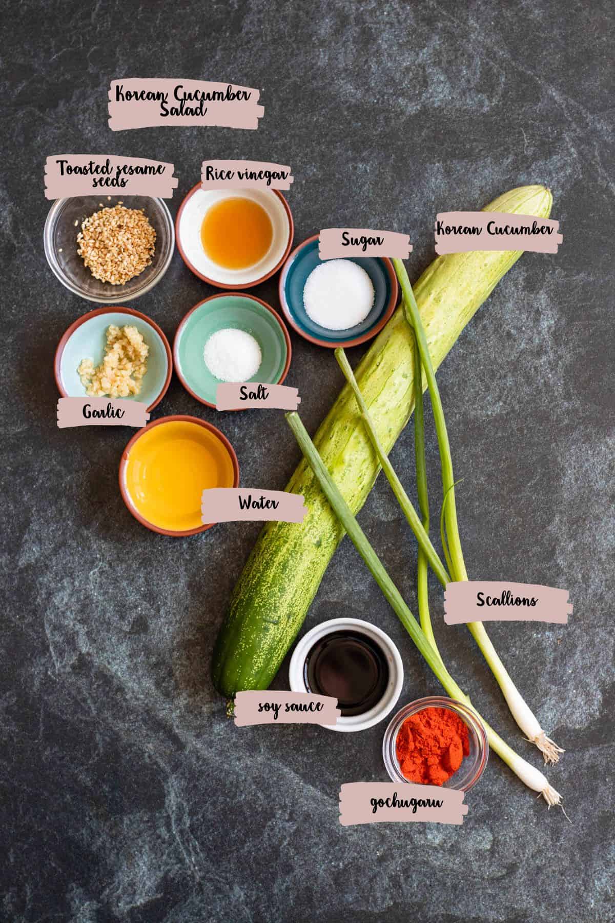 Ingredients shown needed to make korean cucumber salad. 