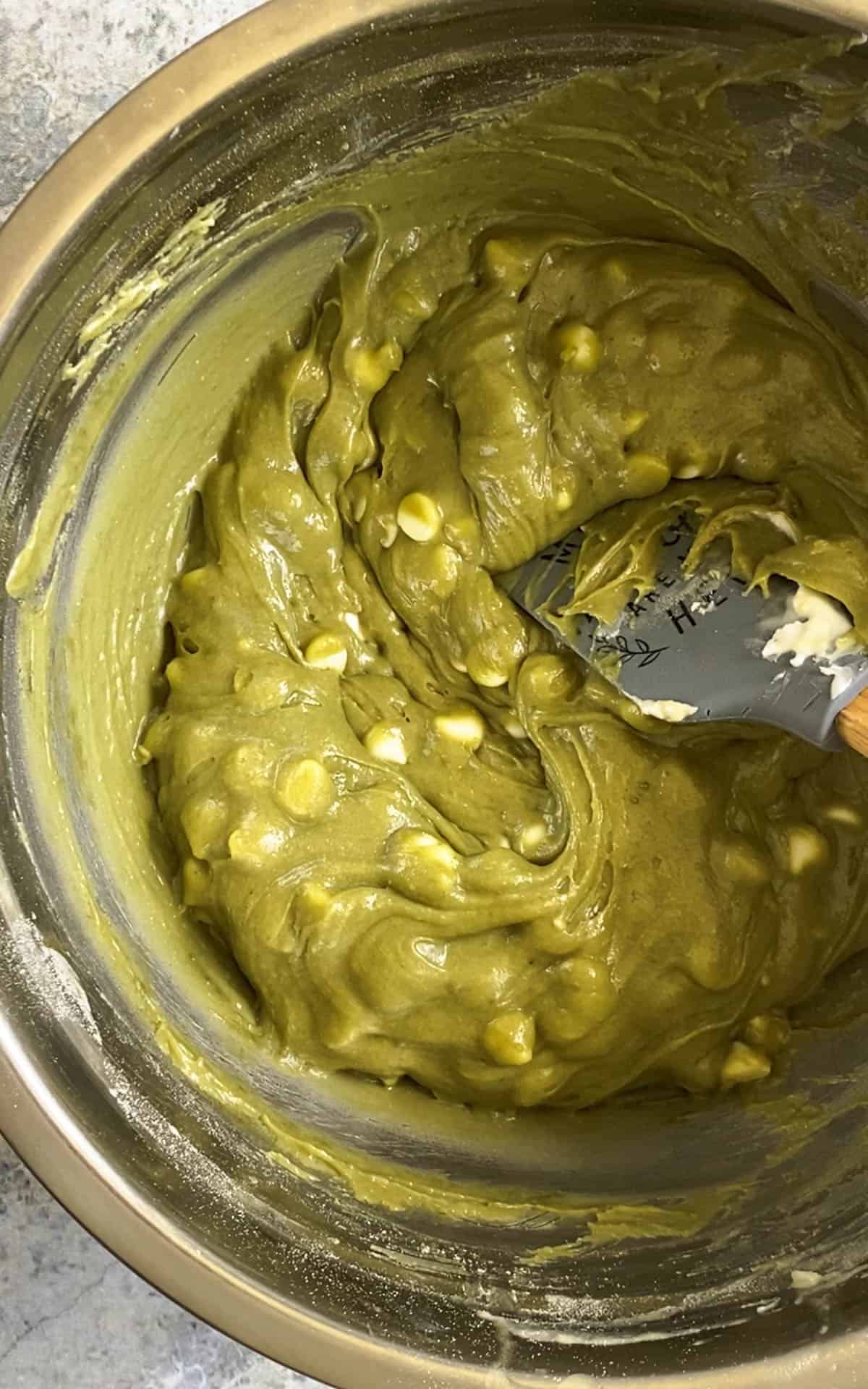 White chocolate chips added to the matcha brownie batter. 