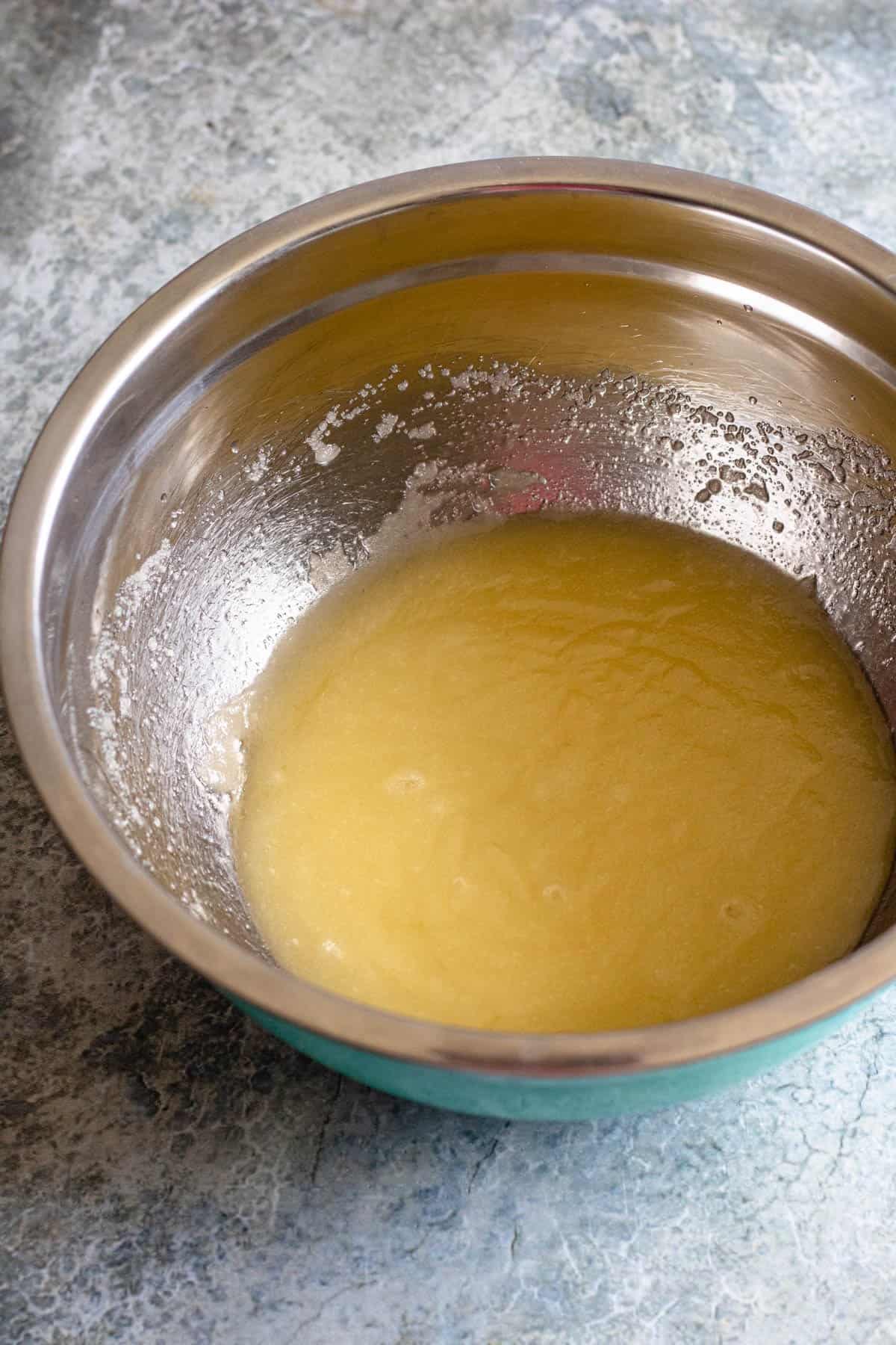 Butter and sugar combined with eggs and vanilla. 