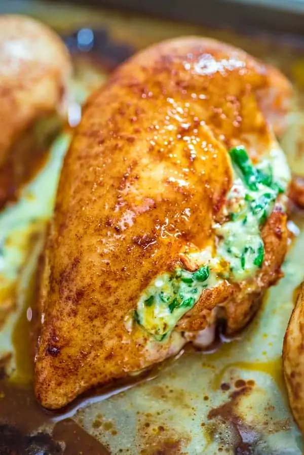 A cheese and spinach stuffed chicken breast. 