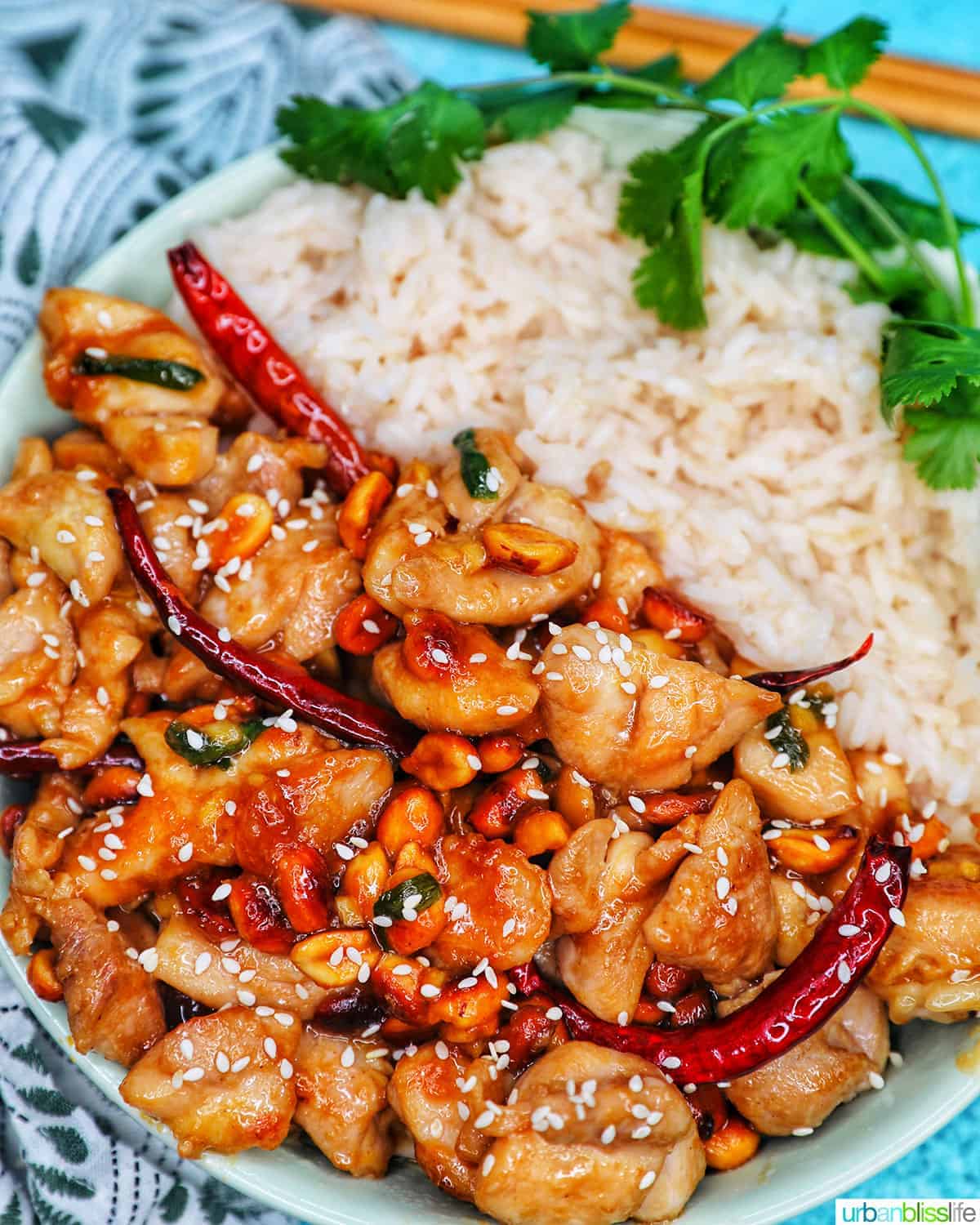 Kung pao chicken with white rice. 