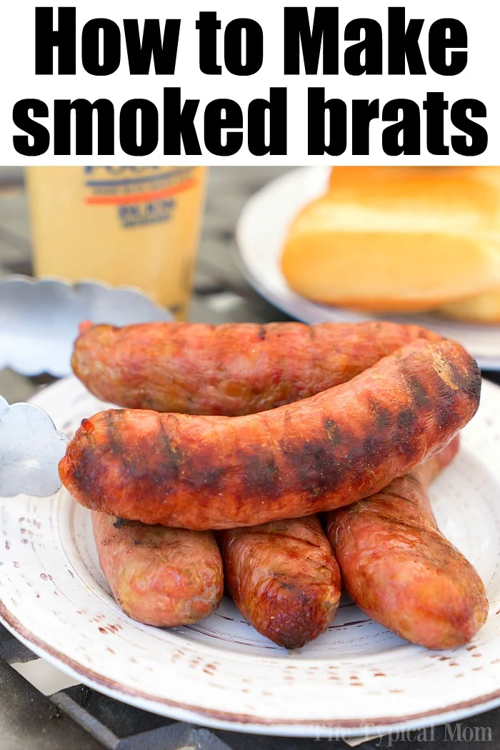 Plate of smoked brats ready to eat. 