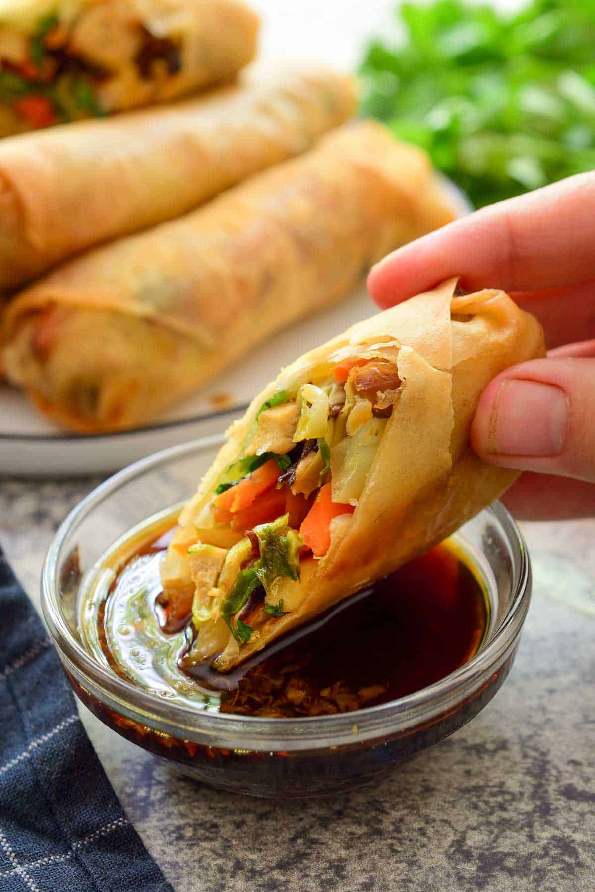 A hand holding a vegetable spring roll as it's being dipped into a sauce. 