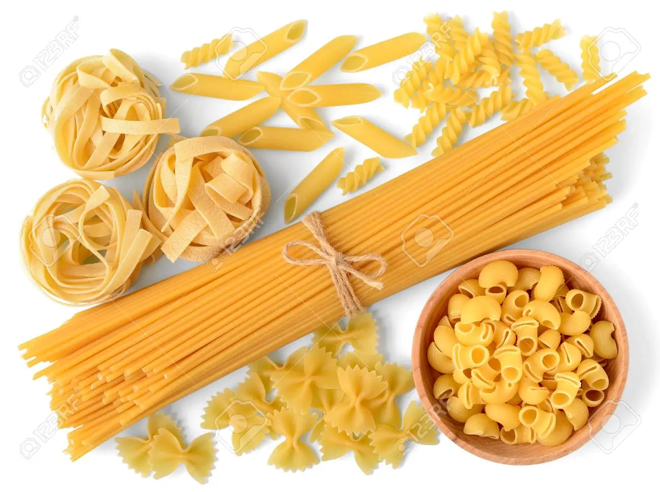 Different shapes of dry pasta. 