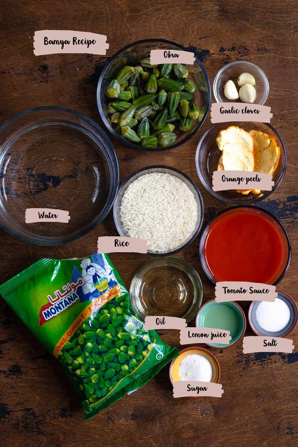 ingredients shown that are needed to prepare Bamya recipe.