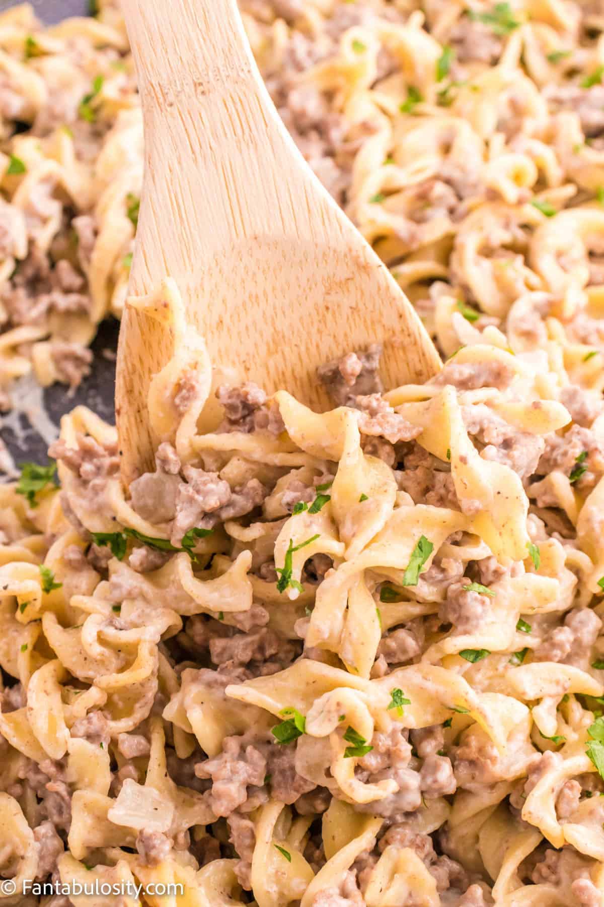 Wood spoon stirring beef stroganoff with egg noodles. 