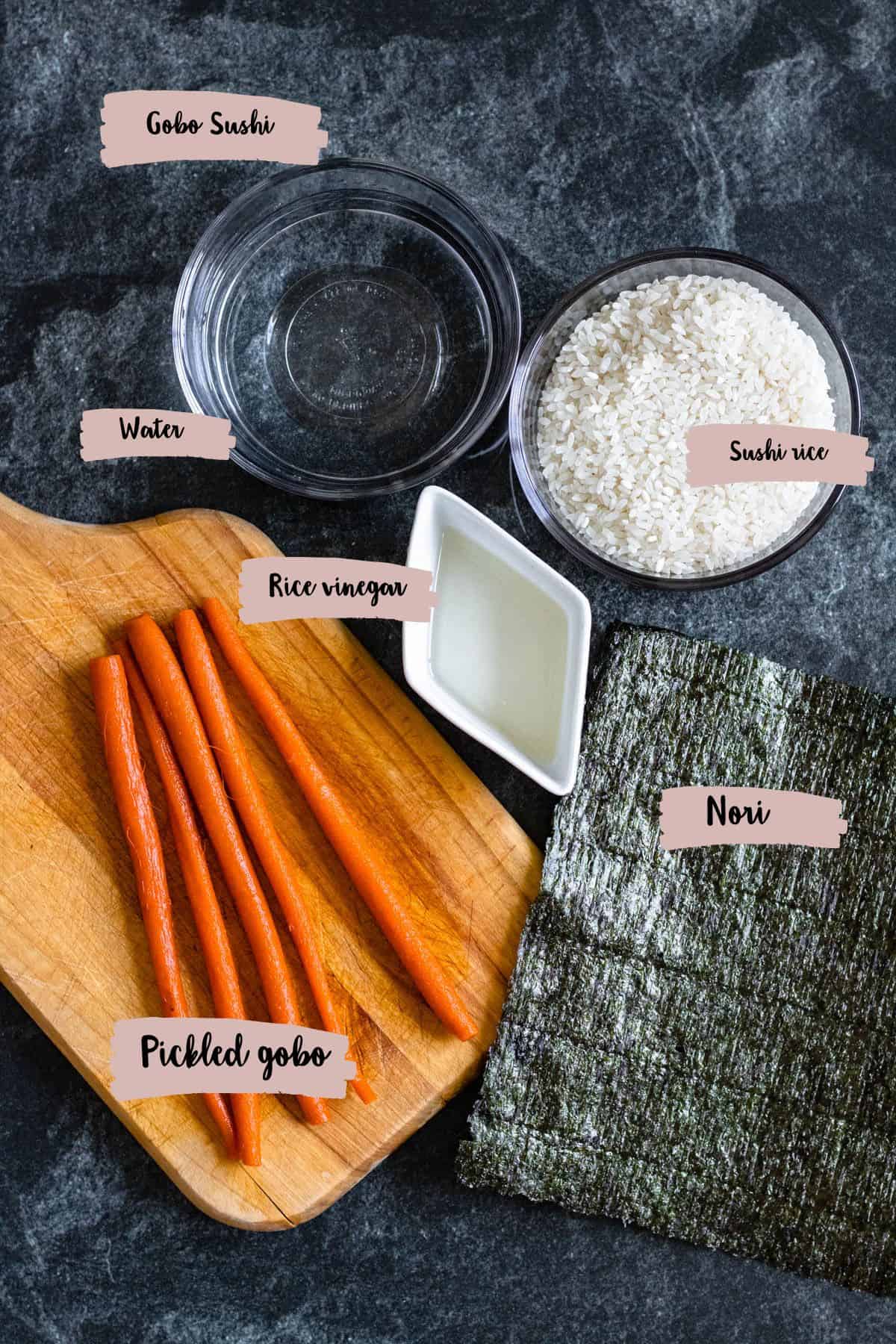 Ingredients shown needed to prepare Gobo sushi. 