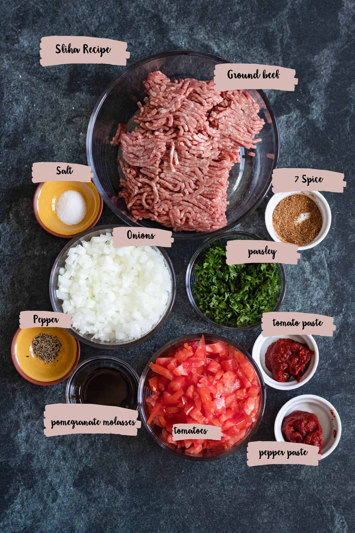 Ingredients needed to prepare the filling for sfiha recipe. 