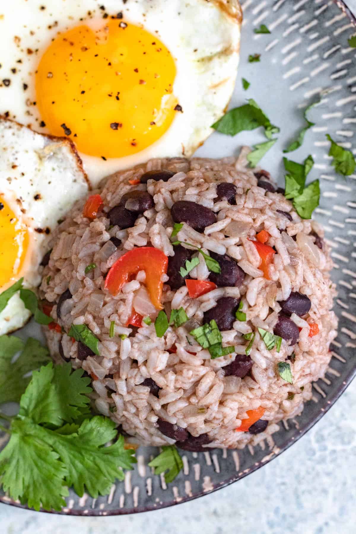 Close up of a serving of Gallo Pinto on a plate with eggs. 