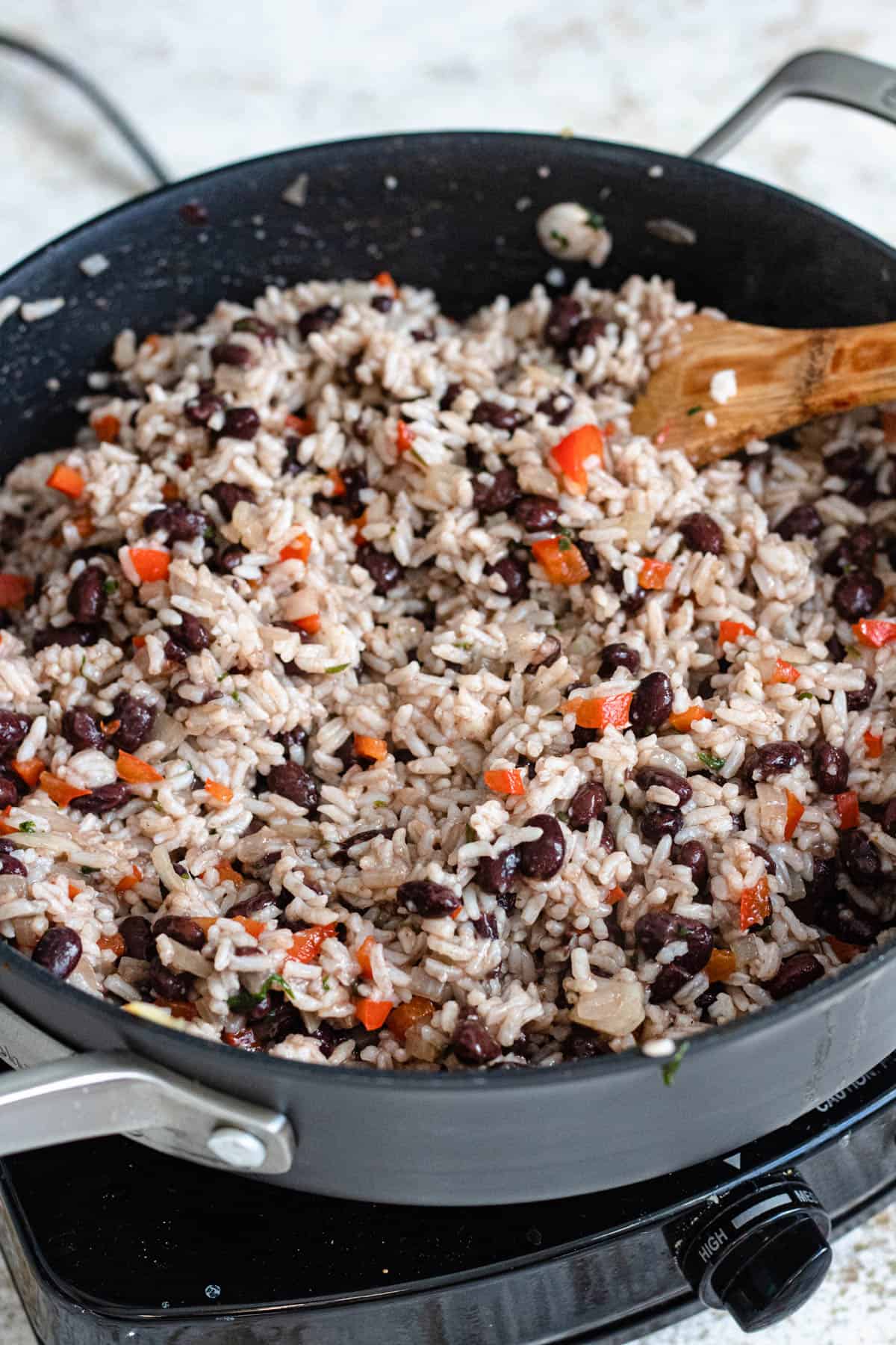 Rice combined with black beans and sauteed veggies. 
