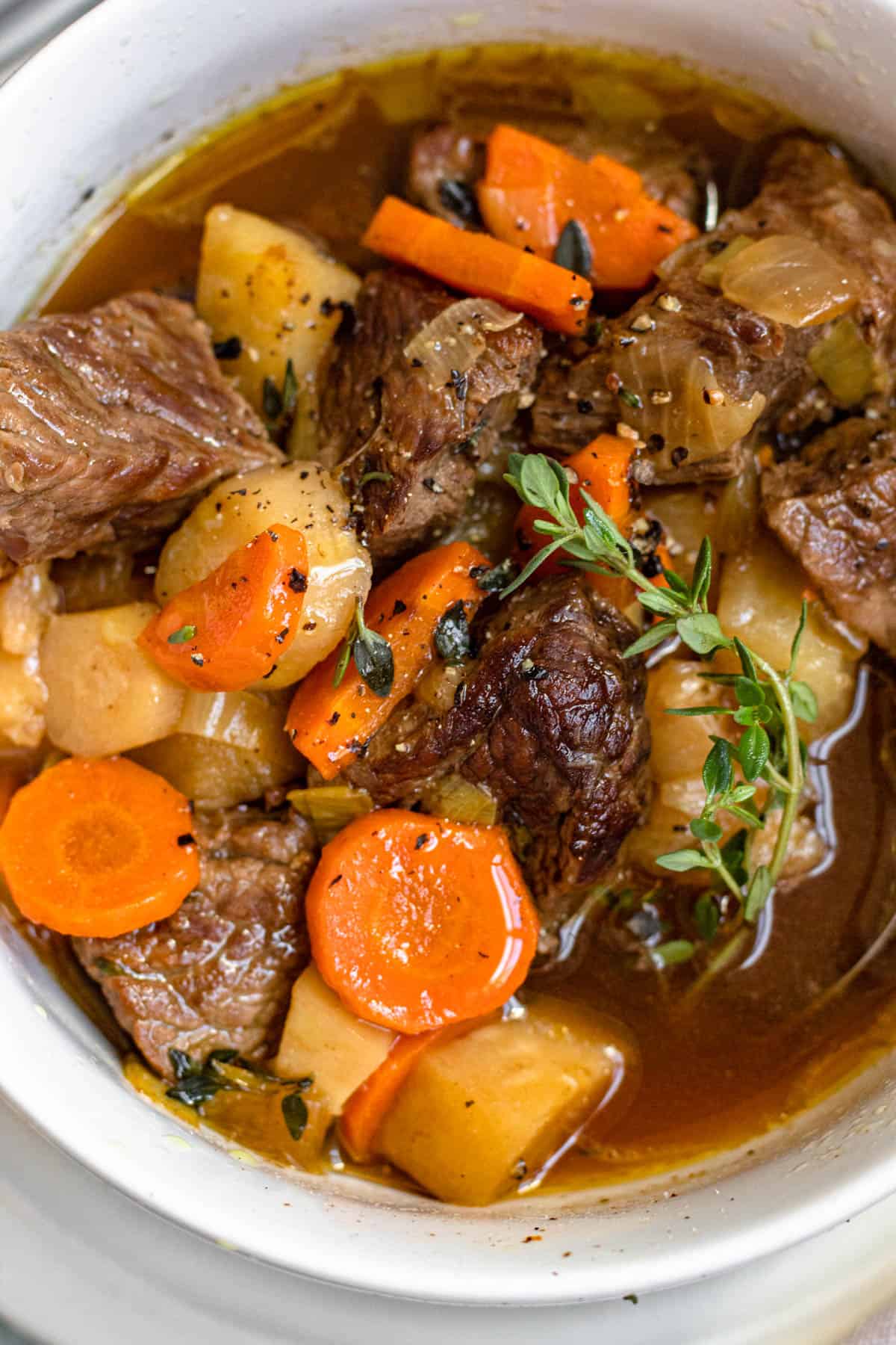 Close up of a bowl of Irish stew recipe. 