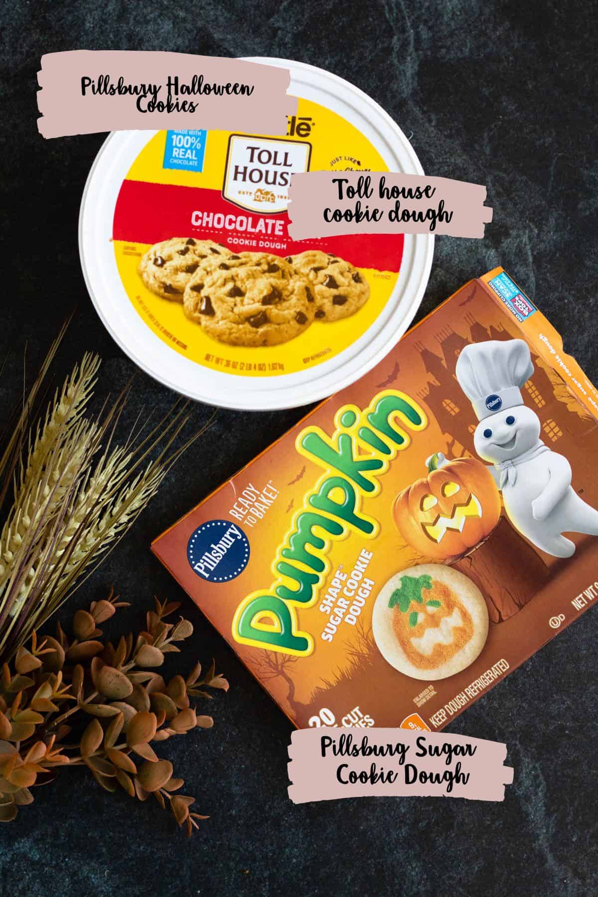 Ingredients shown needed to prepare pillsbury halloween cookies.