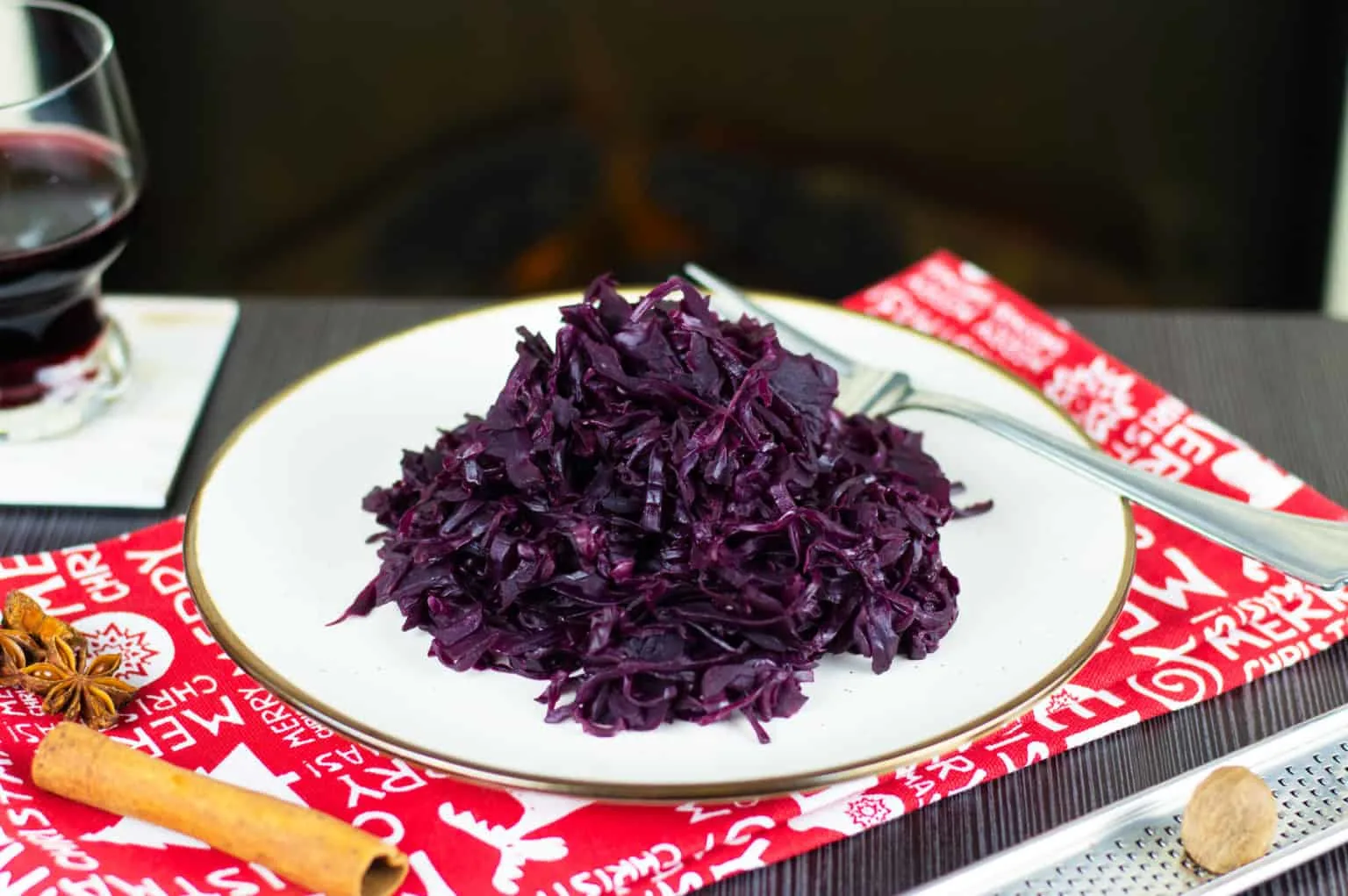 Plate of braised red cabbage on a plate. 