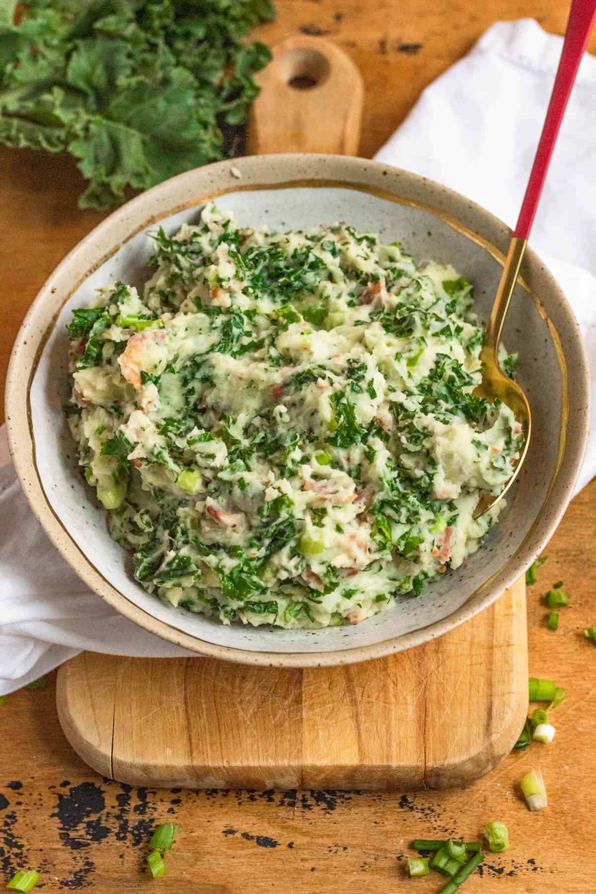 Bowl of colcannon with a spoon tucked in. 