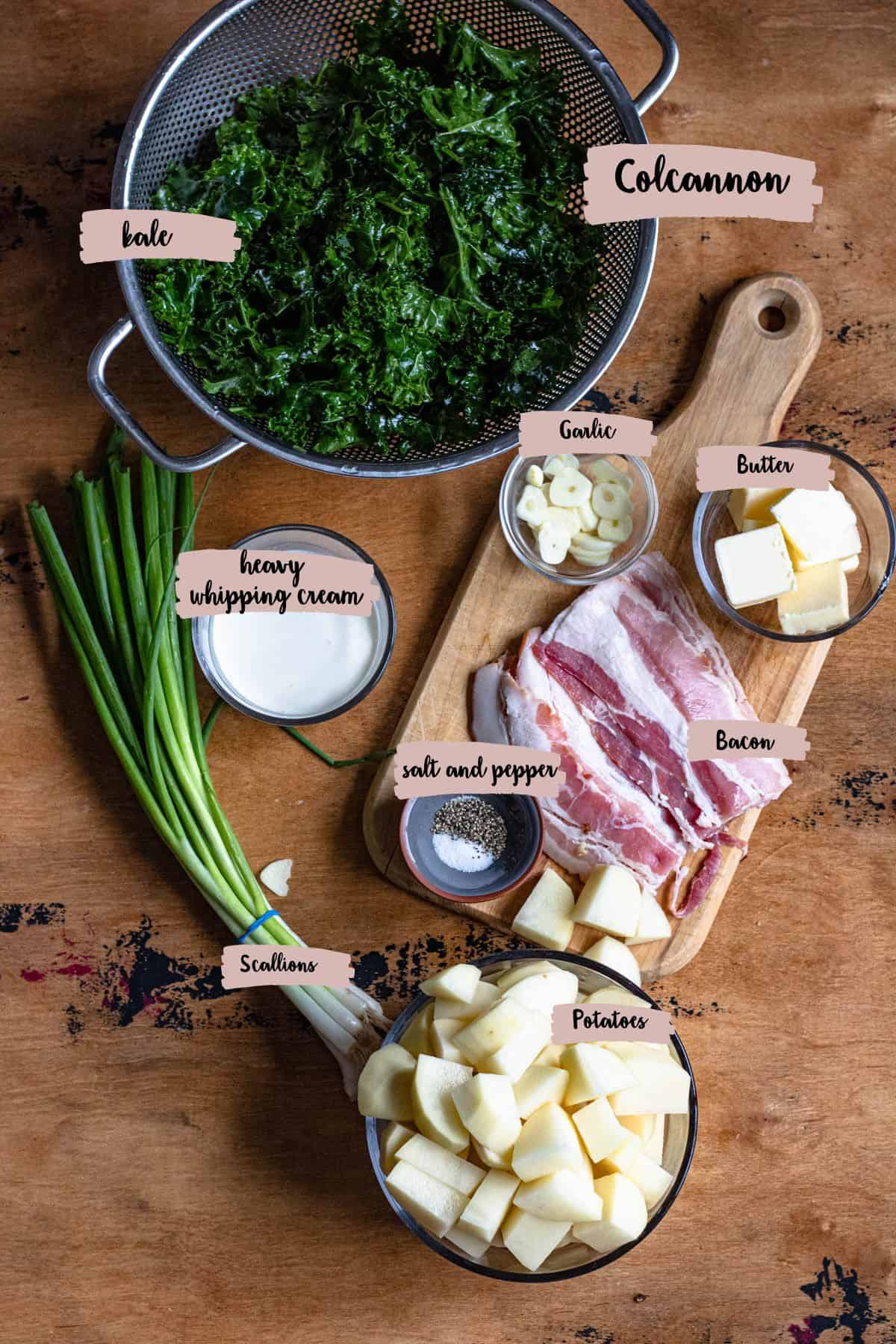 Ingredients shown that are needed to prepare colcannon. 