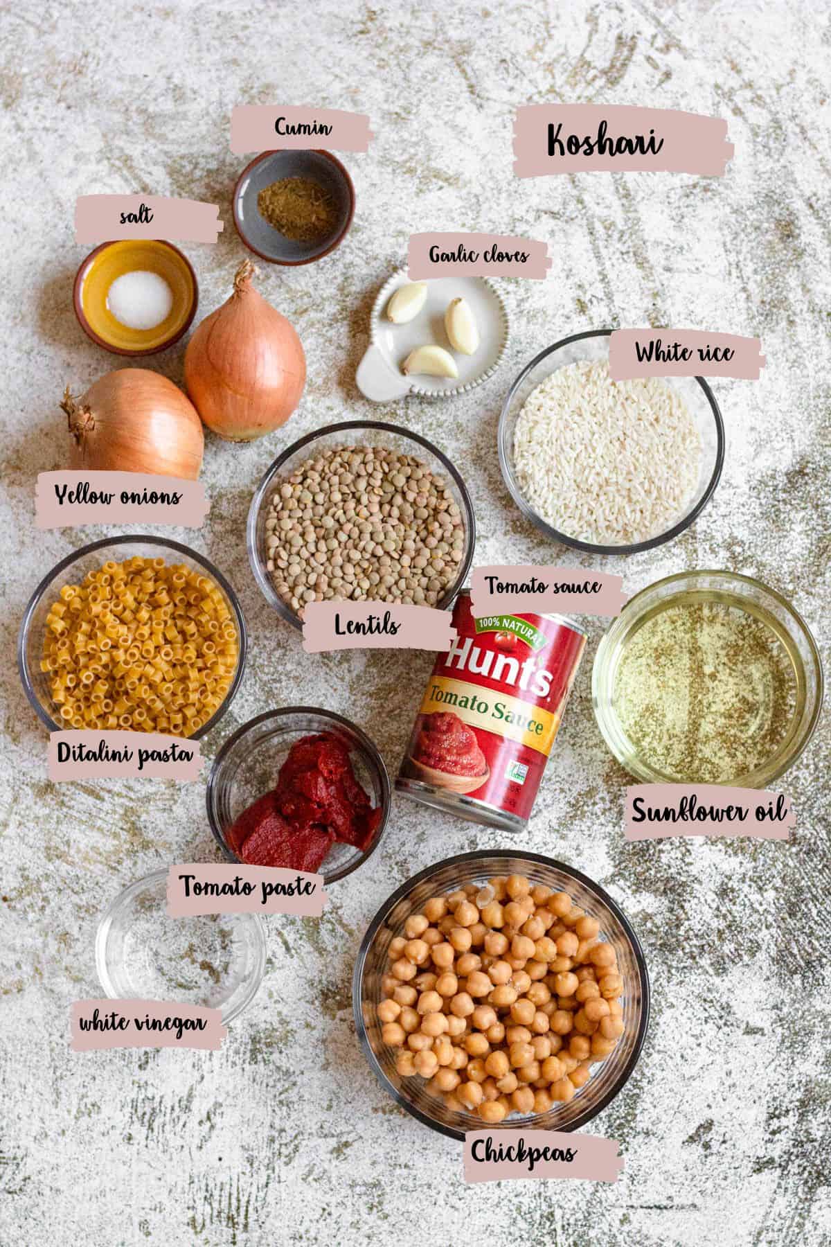 Ingredients shown that are used to prepare Koshari. 