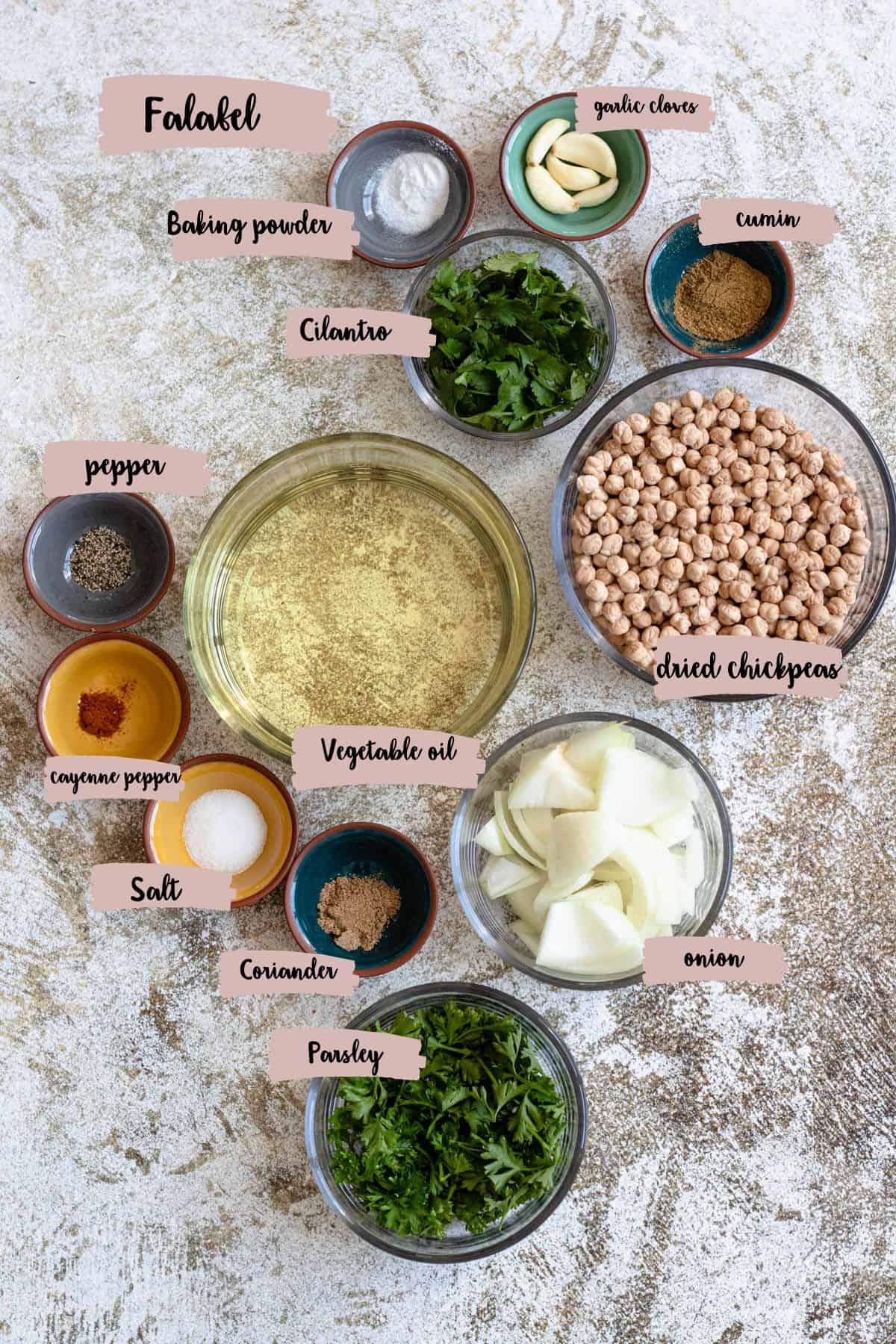 Ingredient shown that are needed to prepare middle eastern falafel recipe. 