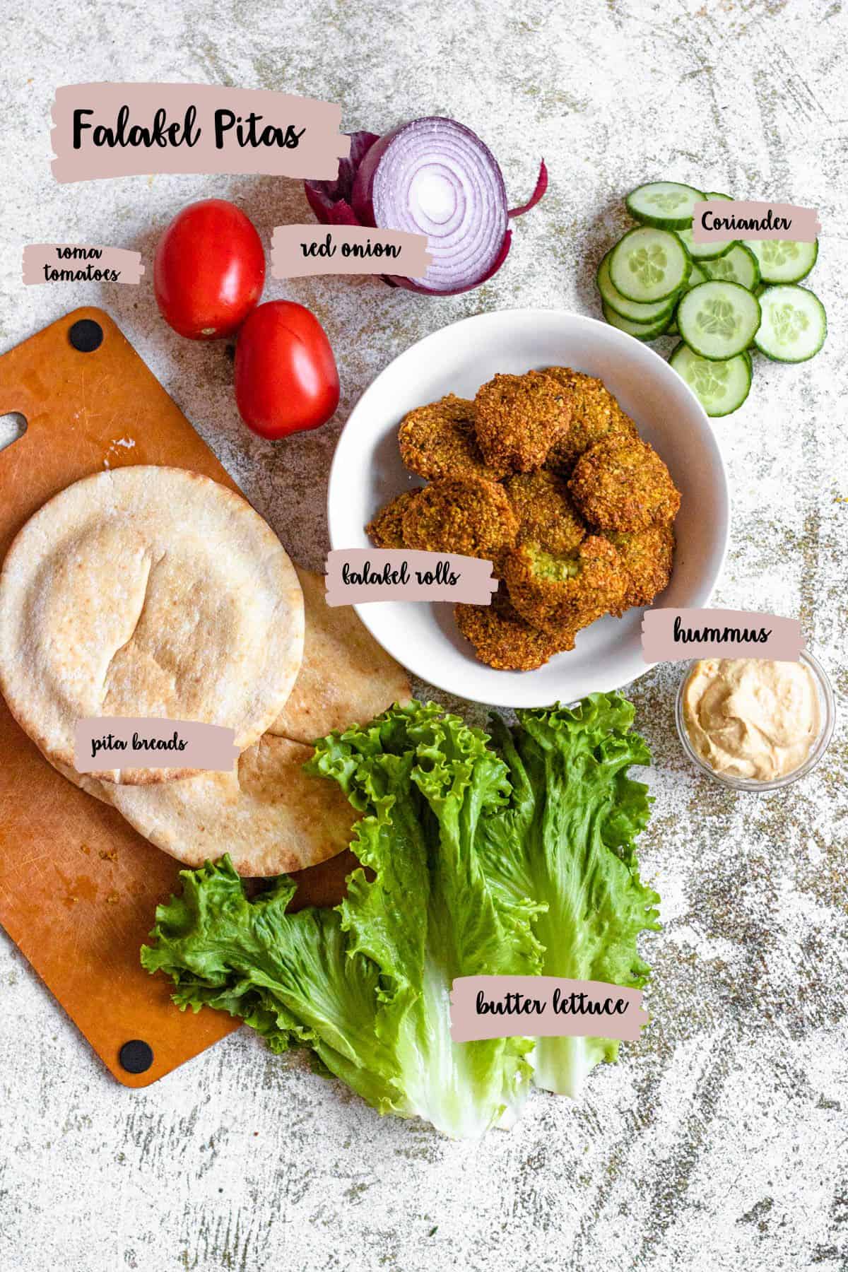 Ingredients used to put together a falafel pita. 