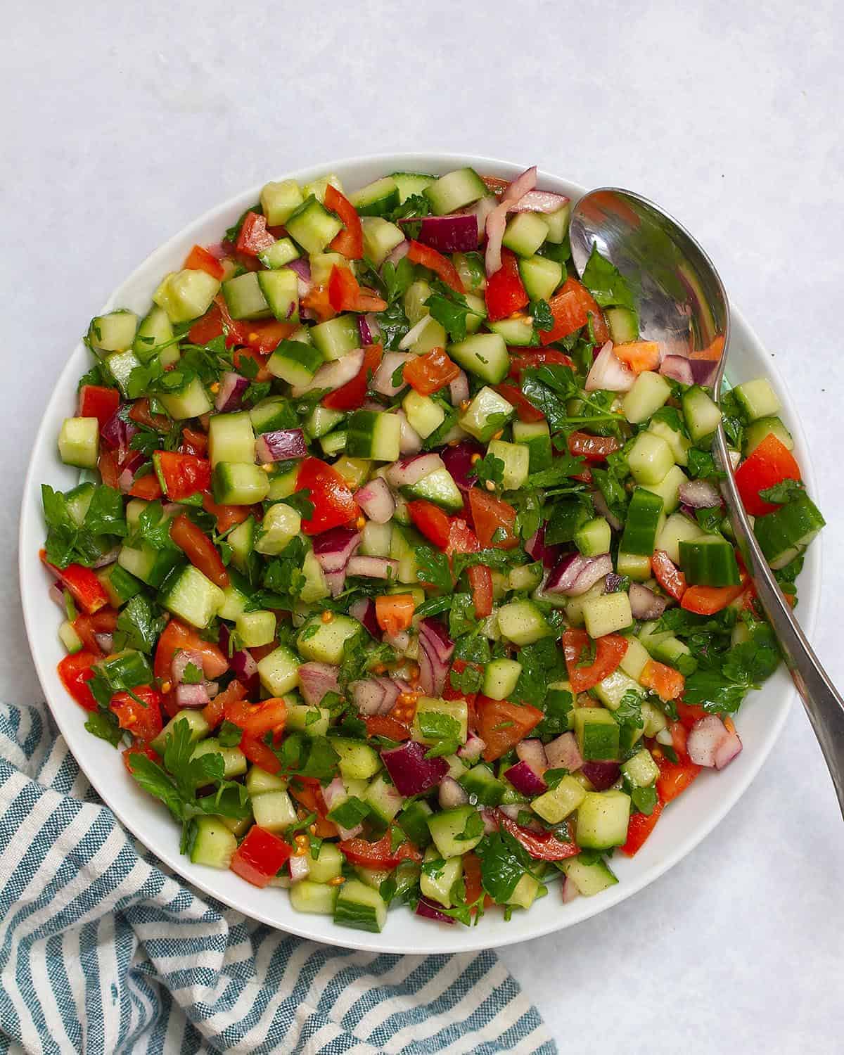 Jerusalem salad with a serving spoon tucked into it in a bowl. 